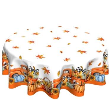 Imagem de VentuCoven Toalha de mesa redonda laranja caminhão abóbora 152 cm folhas de bordo girassol toalha de mesa circular colheita outono toalha de mesa para cozinha, jantar, fazenda, decoração colorida