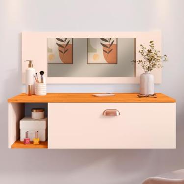 Imagem de Penteadeira Suspensa Camarim Make Up Joy com 1 Gaveta e com Puxador Concha com Espelho (OFF WHITE/CINAMOMO)