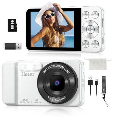 Imagem de Câmera digital 4K de 64 MP, câmera compacta Hoestr 18X com foco automático e foco automático com cartão TF de 64 GB, flash, tela LCD de 2,8 polegadas para adolescentes, adultos, iniciantes, viagens