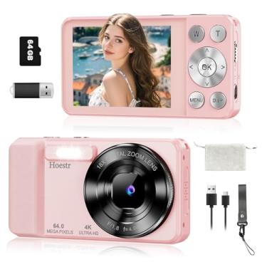 Imagem de Câmera digital 4K de 64 MP, câmera compacta Hoestr 18X com foco automático e foco automático com cartão TF de 64 GB, flash, tela LCD de 2,8 polegadas para adolescentes, adultos, iniciantes, viagens