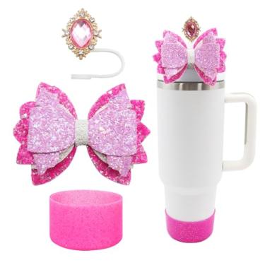 Imagem de Conjunto de 3 peças de acessórios para copo Stanley de 30 e 1,134 g com alça, decoração de canudo de laço fofo e topo de palha de 10 mm, bota de silicone com glitter, acessórios de copo fofos