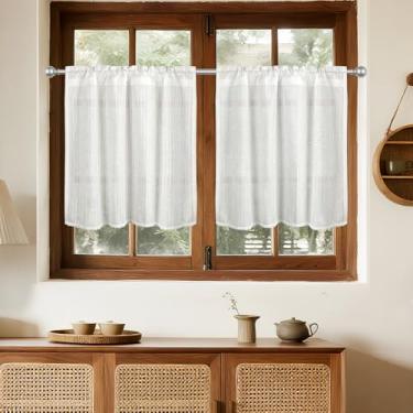 Imagem de HiSnug Cortinas brancas para pequenos tratamentos de whindow, cortinas de café com filtro de luz com bolso de haste 60 cm de comprimento para armário de cozinha, decoração de janela listrada curta, 76