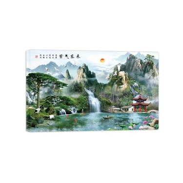 Imagem de Impressão em tela moderna - imagem de arte de parede de paisagem - pôster de lótus da montanha do lago para sala de estar, decoração de casa, pronto para pendurar, tela embrulhada 50 x 80 cm 20 x 31