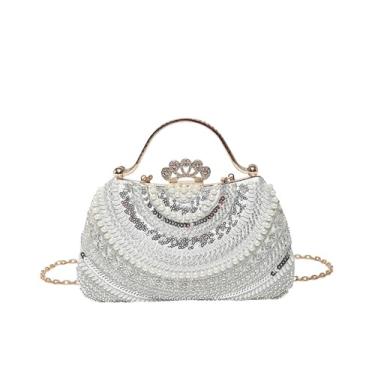 Imagem de CORIOS Bolsa feminina pérola para noite com lantejoulas e contas, bolsa tiracolo elegante de cristal, Prata, Large