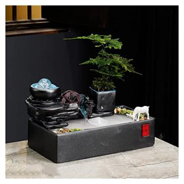 Imagem de XFNVXC Fonte decorativa interna de mesa fonte de cerâmica água corrente ornamento da sorte escritório mesa de chá decoração casa ornamento da sorte fonte rochoso casa