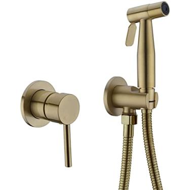 Imagem de MINJING Pulverizador de bidê de vaso sanitário portátil, kit de ducha a jato de aço inoxidável dourado escovado quente e frio, lavadora de vaso sanitário torneira de chuveiro Shattaf