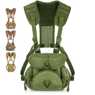 Imagem de Pacote de peitoral de arnês binóculo – Arnês Bino leve com bolsa Rangefinder, equipamento silencioso para caça e estojo binóculo com sistema MOLLE, equipamento de propriedade de veteranos, verde