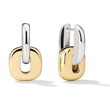 Imagem de NOKMIT Brincos de argola grossos para mulheres, brincos modernos de clipe de papel geométrico em tom de prata 14 K, joias hipoalergênicas de alto polimento para presentes, Medium, Metal, Sem pedra