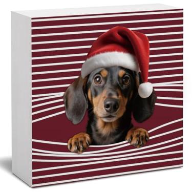 Imagem de FLVGE Placa de madeira engraçada de cachorro de Natal, decorações de Natal fofas de dachshund para escritório, sala interna, prateleira, mesa de cornija, presentes de parede para amantes de cães