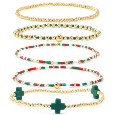 Imagem de SHINUS BOHO Conjunto de 5 peças de pulseiras de contas cruzadas banhadas a ouro para mulheres, elástico, empilhável, boêmio, contas coloridas, joias, amizade, verão, uso diário, moderno, 7.0, Latão