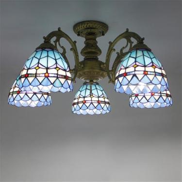 Imagem de Lustre vintage americano de luxo europeu para sala de estar, restaurante, quarto, villa, hotel, café ou bar, com luminária pendente de vidro azul e LED (5 lâmpadas)
