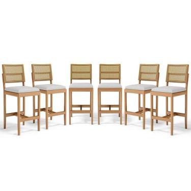 Imagem de Kit Com 6 Banqueta Milena Madeira Maciça Assento Estofado Encosto De Tela Palha Sextavada Linho Cinza 407