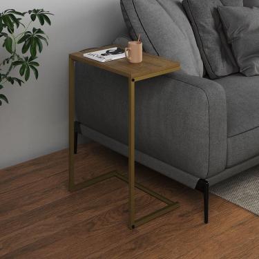 Imagem de Mesa Lateral De Apoio Industrial Sofá Charmme Ferro Dourado E Tampo Freijó