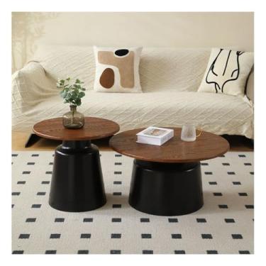 Imagem de Mesa de centro redonda, conjunto de 2 mesas de nidificação com acabamento de madeira em estilo creme, mesa de cabeceira lateral de sofá para quarto, base de aço carbono, nogueira, preto