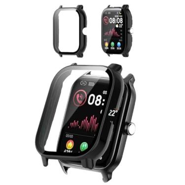 Imagem de Capa protetora compatível com smartwatch Tensky de 4,7 cm, capa rígida de policarbonato e protetor de tela de vidro temperado 9H - à prova de choque, resistente a arranhões, cobertura total (preto)