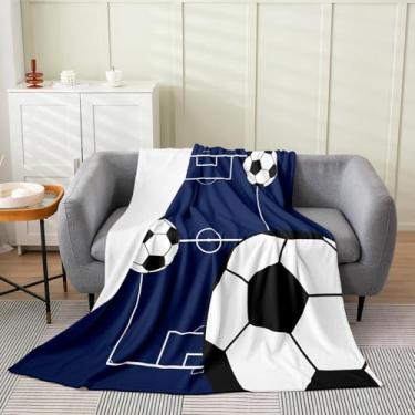 Imagem de Erosebridal Cobertor de flanela de futebol, solteiro, 152 x 203 cm, tema esportivo, cobertor de lã, estampa de bola de futebol, quadra de futebol, felpudo, playground, azul, branco, decoração de sala