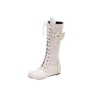 Imagem de Botas femininas de inverno na altura do joelho, detalhe de laço, bico redondo, zíper lateral, sola plana, Branco, 36