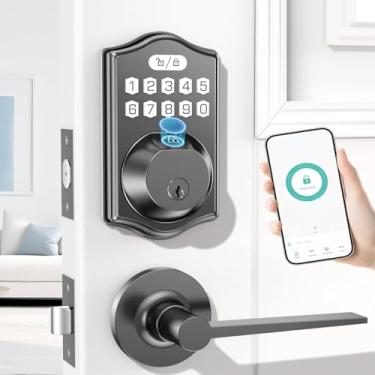 Imagem de Fechadura de porta de entrada sem chave com conjunto de alças - Fechaduras inteligentes de impressão digital da porta frontal com 2 maçanetas - Controle de aplicativo