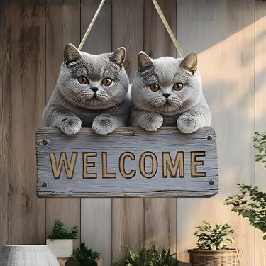Imagem de Placa suspensa de boas-vindas de gato de pelo curto britânico fofo - decoração de entrada versátil (porta/varanda/sala de estar), presente para amantes de gatos e amigos/MP-19