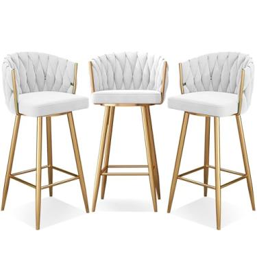 Imagem de Banquetas de bar giratórias modernas de 360°, cadeiras de cozinha estofadas de altura de bar com pernas de aço e apoio para os pés, perna de ouro branco, 3 peças