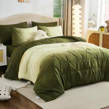 Imagem de Dinjoy Jogo de edredom queen ombré, 7 peças em uma bolsa para todas as estações, arco-íris colorido Pintuck, lençol de cima, lençol com elástico, fronhas e fronhas, verde