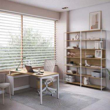 Imagem de Mesa Escritório Em L Com Balcão E 2 Estantes Industrial Idea A03 Nogal