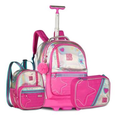 Imagem de Kit Mochila Carrinho com Lancheira e Estojo Escolar Holográfico - Rebe