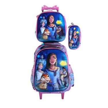Imagem de Kit Mochila da Wish Disney em 3D com Rodinhas + Lancheira Térmica + Es