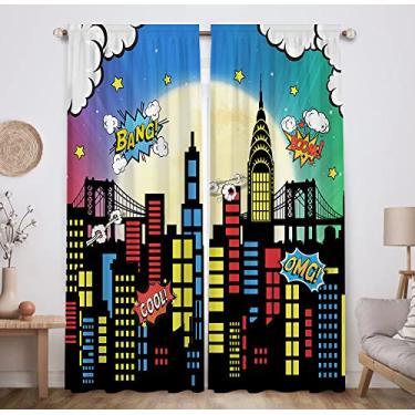 Imagem de Allenjoy Superhero Super City Skyline Buildings Cortinas de janela para crianças para quarto de bebê quarto berçário infantil decoração de escritório em casa blackout tecido durável lavável à máquina 82" x 84"