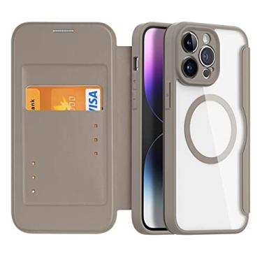 Imagem de LVCRFT Capa para iPhone 14/14 Plus/14 Pro/14 Pro Max, capa de telefone magnética carteira de couro premium, capa traseira transparente com compartimento para cartão, suporte para carregamento sem fio, cáqui, 14 Plus 6,7 polegadas
