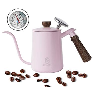 Imagem de Cafeteira Chaleira Bico de Ganso de Café Com Termômetro, de Aço Inoxidável Com Cabo de Madeira 600ml (Rosa)