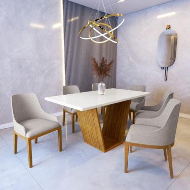 Imagem de Mesa de Jantar 1,6m Safira Off White com 6 Cadeiras Elisa Linho Bege Madeira Maciça Castanho