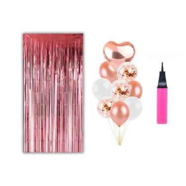 Imagem de Kit Festa Decoração 2 Cortinas Metalizadas Glitter e 9 Balões Látex e Coração Metalizado + Bomba de Ar (Rose Gold)