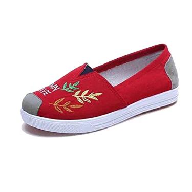 Imagem de Sapatos casuais femininos sapatos de tecido respirável fundo plano bordado lona sapatos de estudante fundo macio feminino, Vermelho, 9