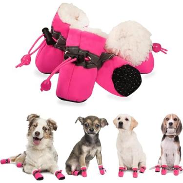 Imagem de YAODHAOD Sapatos para cães para inverno, botas de cachorro e protetores de pata, botas de neve quentes de lã para filhote com tira refletiva sola de borracha antiderrapante para cães de tamanho pequeno e médio, tamanho 5: 4,8 cm x 3,8 cm (C x L), rosa