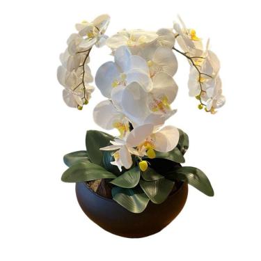 Imagem de Arranjo Grande Centro de Mesa 3 Orquídeas Branca 3d Vaso Preto