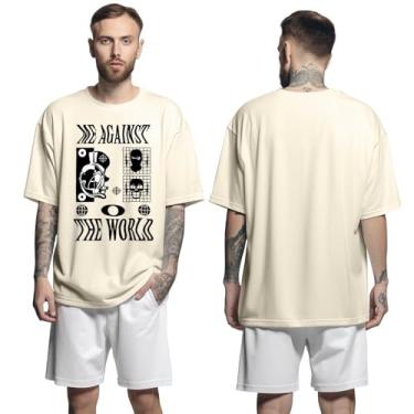 Imagem de Camisa Camiseta Oversized Streetwear Genuine Grit Masculina Larga 100% Algodão 30.1 Me Agains The World - Bege - GG