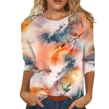 Imagem de 2024 primavera verão estampa floral camisetas femininas 3/4 gola redonda manga curta camisetas casuais blusas elegantes confortáveis, Z03 Laranja, M
