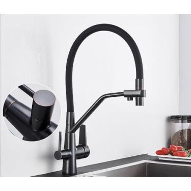 Imagem de Filtro de água torneira da cozinha 2 em 1 preto puxar para baixo torneiras pia água pura para cozinha deck giratória misturadora fria, óleo friccionado bronze b