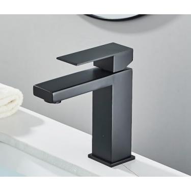 Imagem de Preto fosco torneira da bacia do banheiro ouro deck montar misturador de água fria pia estilo simples único furo torneiras pia banho guindaste, preto curto