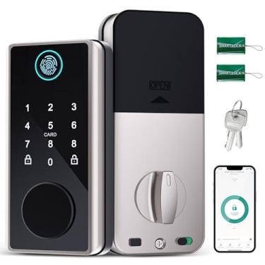 Imagem de Fechadura de porta inteligente com impressão digital - ENOKER 5 em 1 fechadura eletrônica de porta de entrada sem chave com teclado, controle de aplicativo/100 impressões digitais/senha/chaves (cinza
