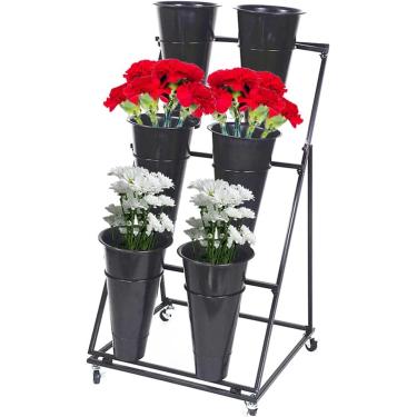 Imagem de Suporte de exibição de flores em escada com baldes, suporte para plantas rolantes sobre rodas, prateleira de carrinho de flores interno e externo para florista, jardim, pátio, balde preto de