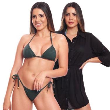 Imagem de Kit Saída de Praia Chemise Camisão Feminino + Biquini Cortininha de Am