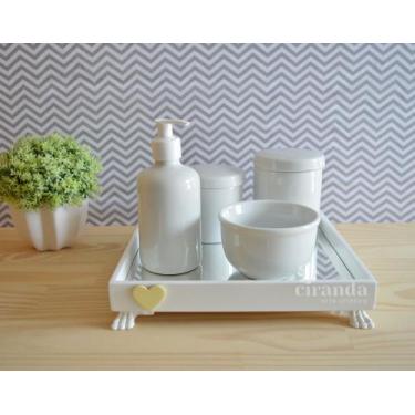 Imagem de Kit Higiene Bebê K037 Porcelanas Moderno Bandeja MDF Espelho Potes Cor