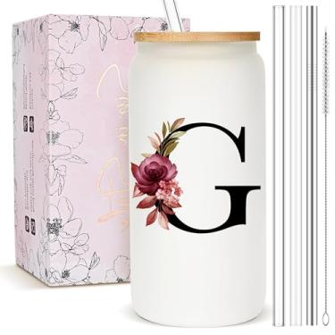 Imagem de Presentes personalizados para mulheres, copo de vidro fosco monograma com canudo e tampa, caneca personalizada fofa, copos de café gelado com inicial personalizada, copo de bebida personalizável,