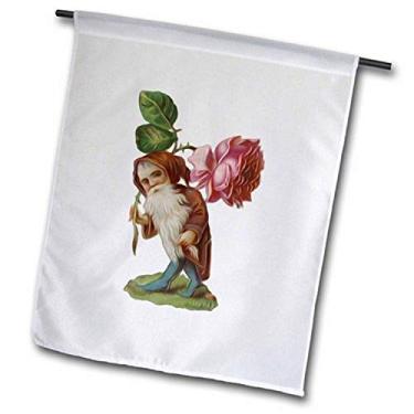 Imagem de 3dRose fl_104636_2" Vintage Garden Gnomo Troll carregando uma linda bandeira de jardim de flores rosa, 45,74 cm x 68,88 cm