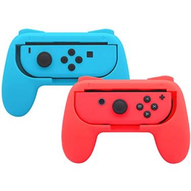 Imagem de Pokanic Pacote com 2 manoplas compatíveis com controles Nintendo Switch Grips Pro, suporte, almofadas, kit de alça resistente ao desgaste, taxa de arranhões, acessórios antiderrapantes (vermelho e azul)