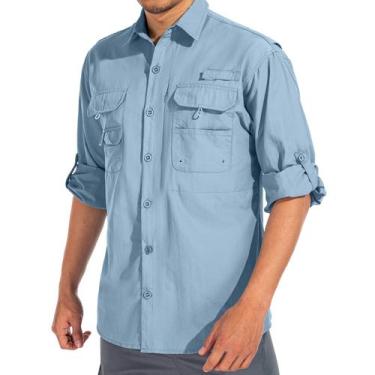 Imagem de Camisa Masculina Linlon Safari - Proteção UV UPF 50+ (Azul, Tamanho L)