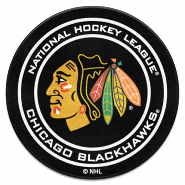 Imagem de FANMATS Tapete em forma de disco de hóquei Chicago Blackhawks 10279 - 68,5 cm de diâmetro, design de disco de hóquei, tapete de acento para fãs de esportes - preto