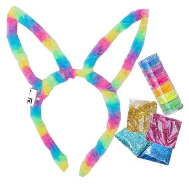 Imagem de Kit Fantasia: Tiara Coelho Arco Íris com Led + Torre 6 Cores Sombra Neon + 4 Cores Glitter em Pó - Carnaval Festa Balada